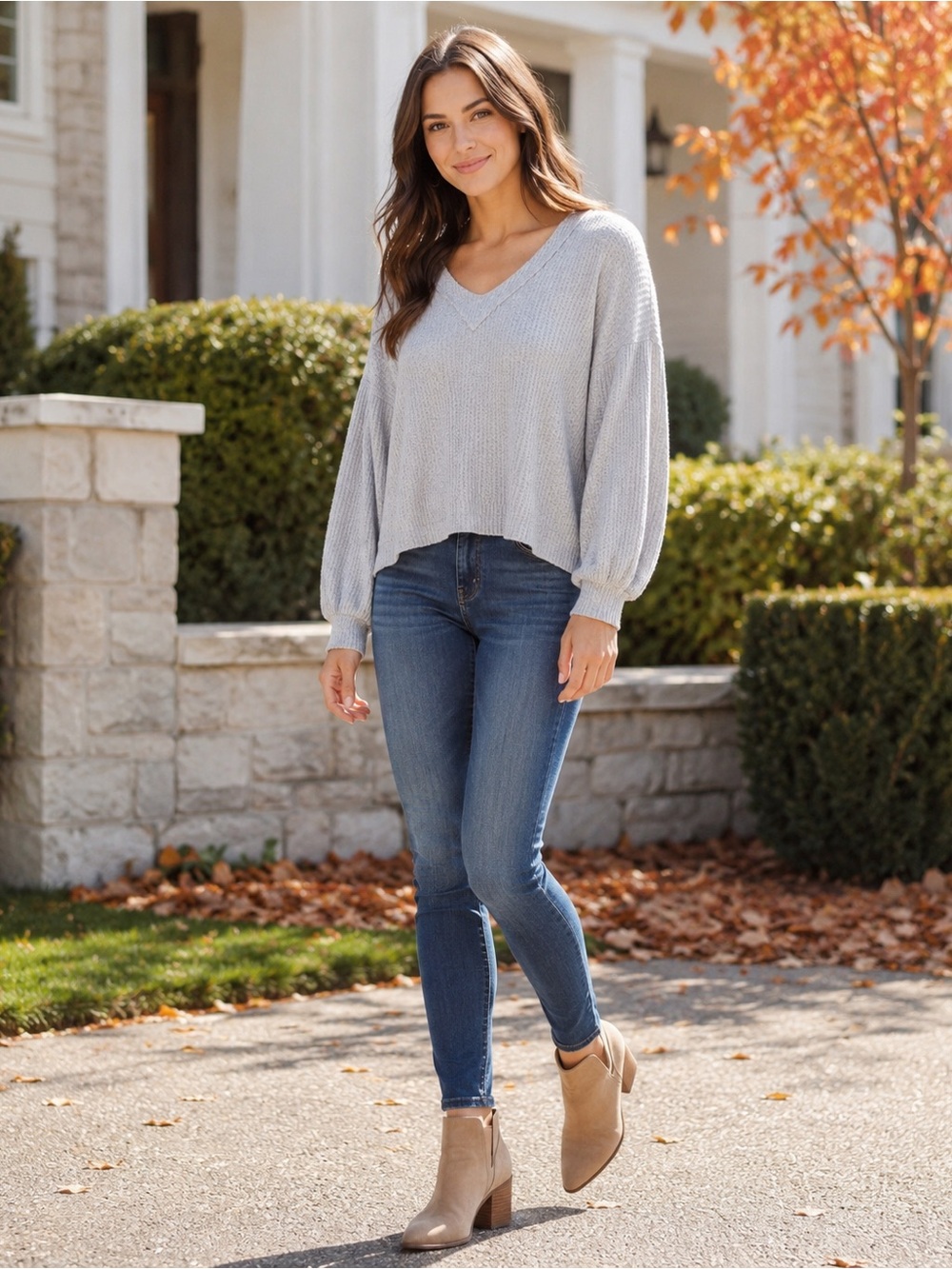 Altar’d State XS Gray Waffle Knit V-Neck Relaxed Long Sleeve Sweater Top